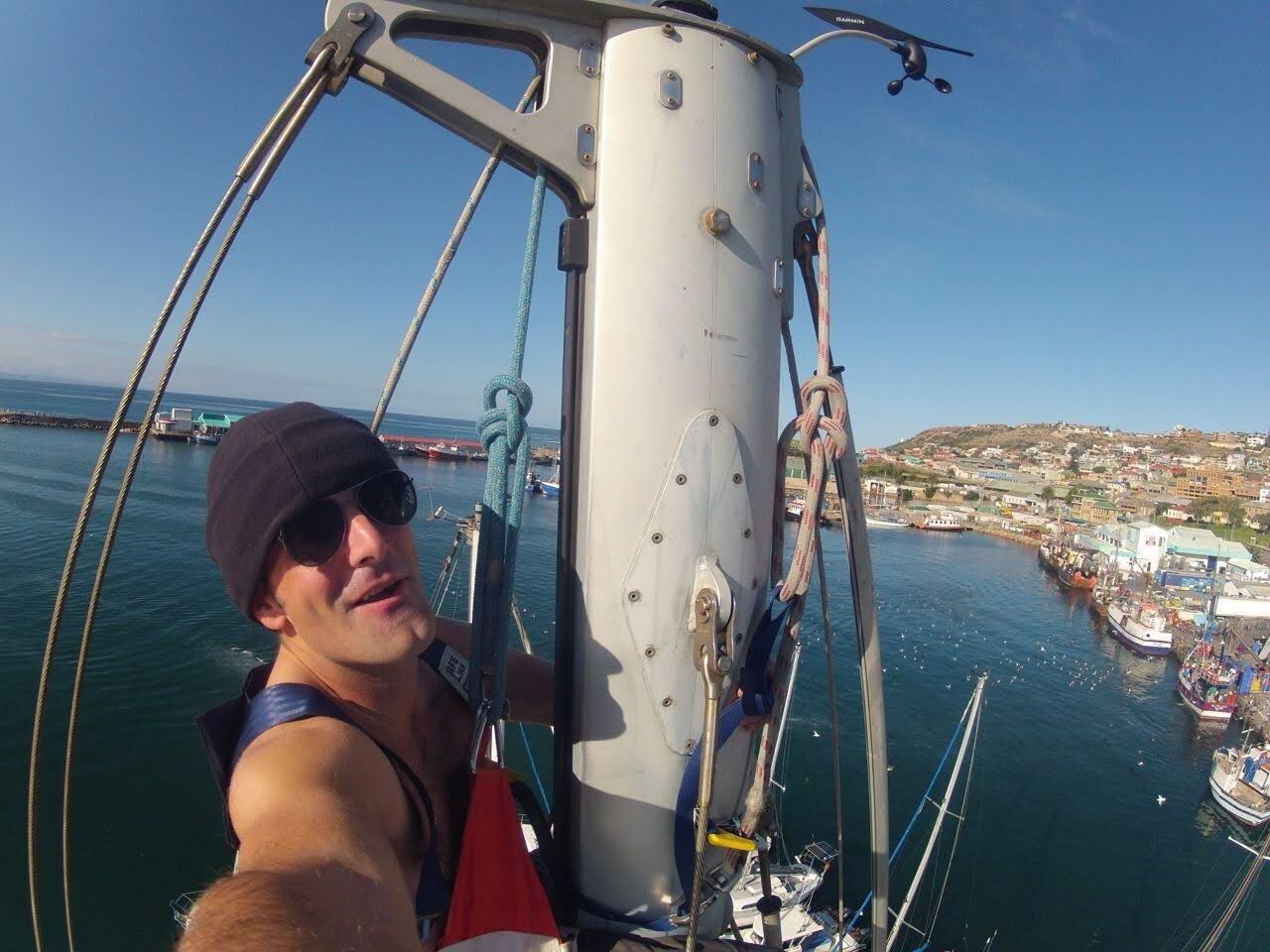 A picture of me up the mast on a sail from Durban to Cape town