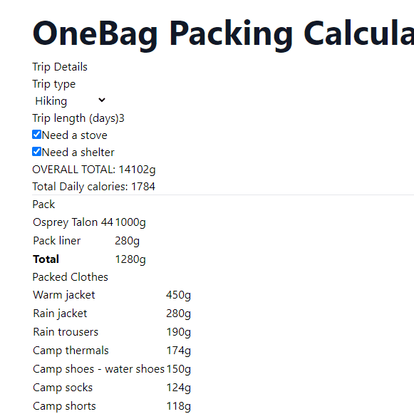 A screen shot of One bag packing calculator (Not Maintained)