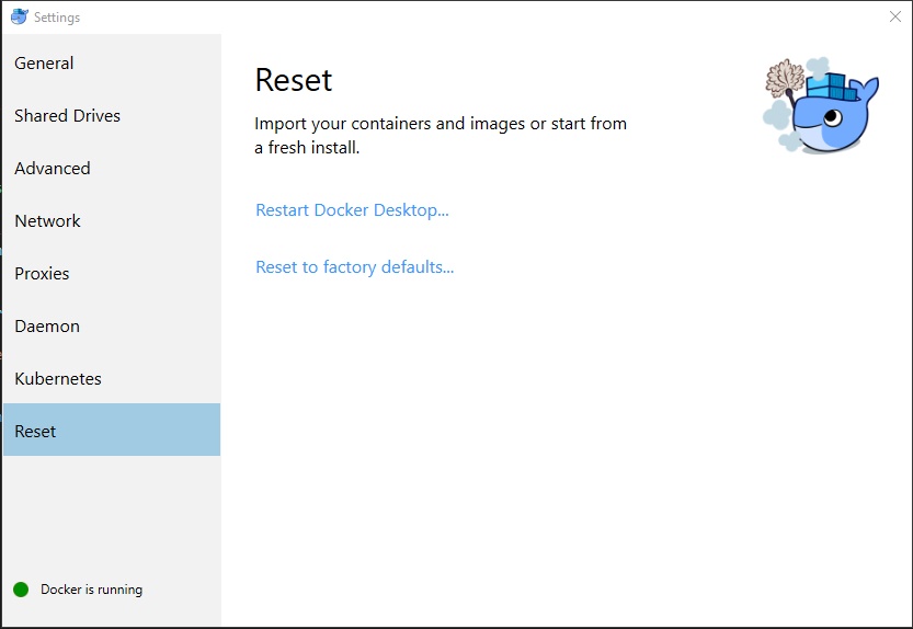 Docker settings reset tab Docker settings reset tab