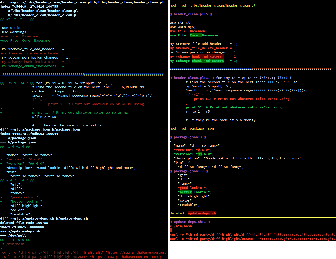 "side by side showing normal diff and diff-so-fancy"